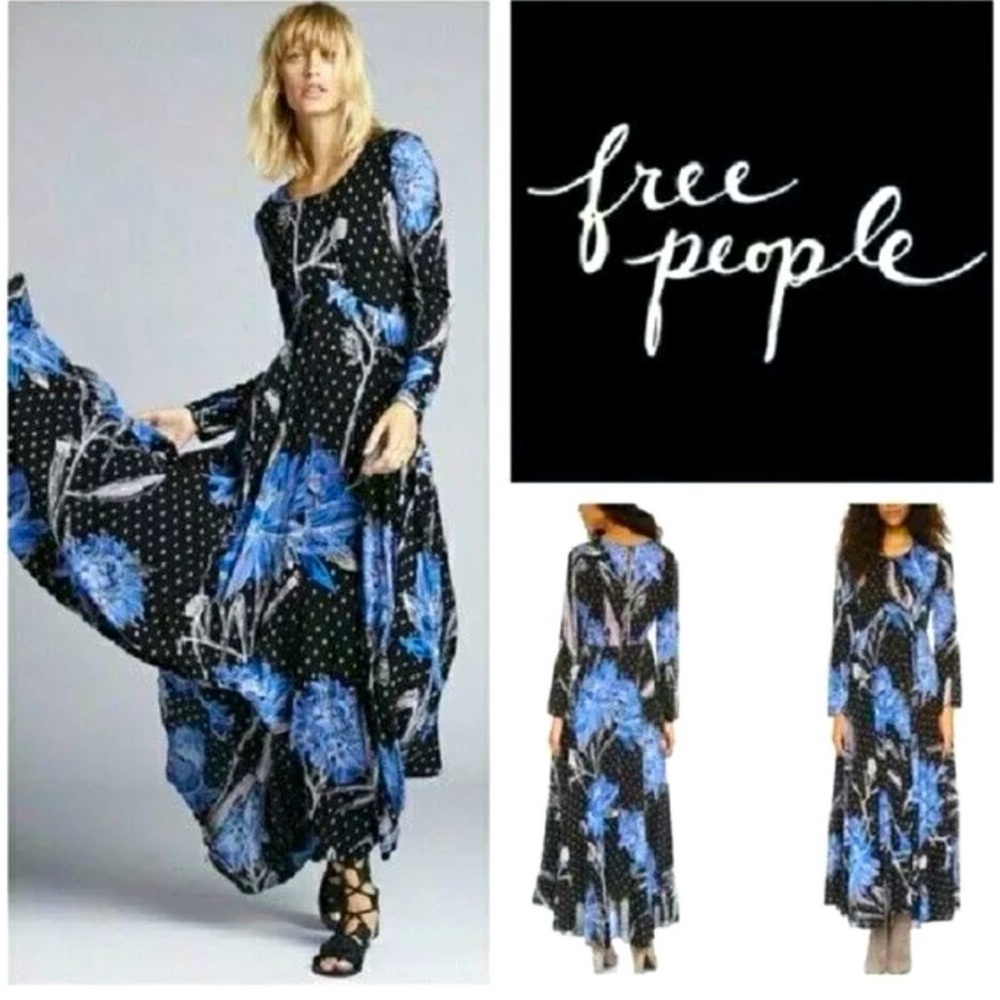 Free People Black and Blue Floral Long Sleeve Dress